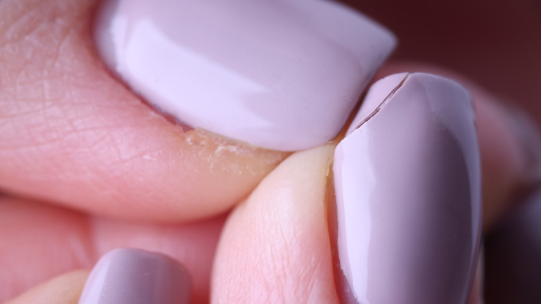 Extreme close up of three lavender nails and one is breaking