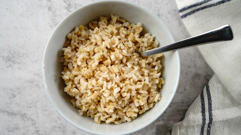 Cooked brown rice in a bowl