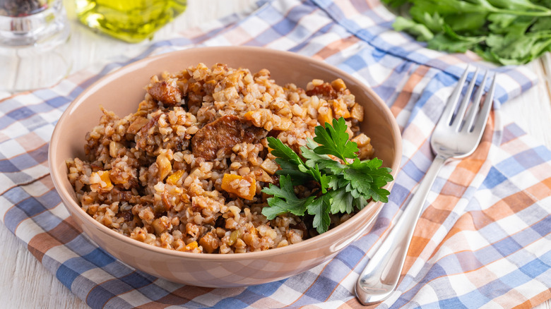 Bowl of cooked buckwheat