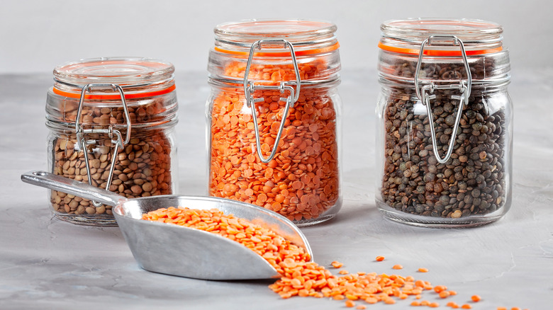 Red, white, and green lentils in glass jars