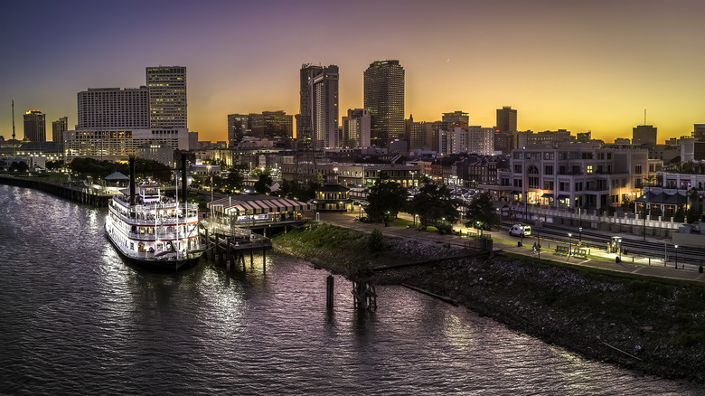 New Orleans skyline with paddleboat on river