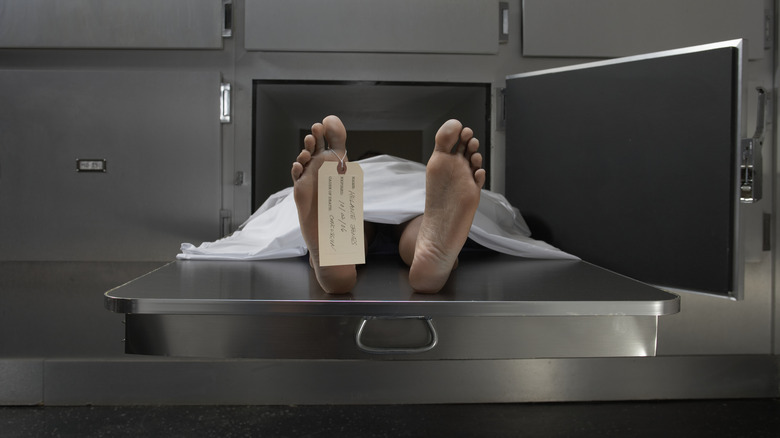 Body in morgue with toe tag
