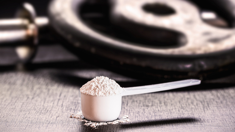 A scoop of creatine in front of a weighted gym plate