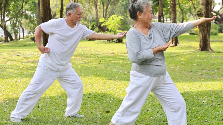 Couple doing tai chi in park