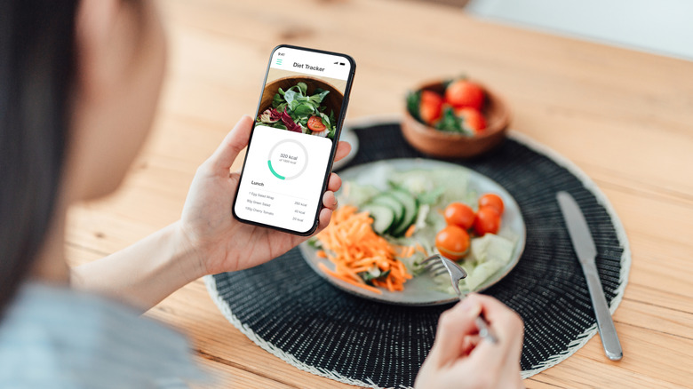 An over-the-shoulder shot of a woman tracking her meal with an app