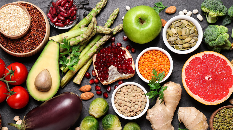  vegetarian foods laid out on table 