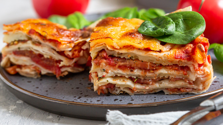 Vegetarian lasagna on stoneware plate