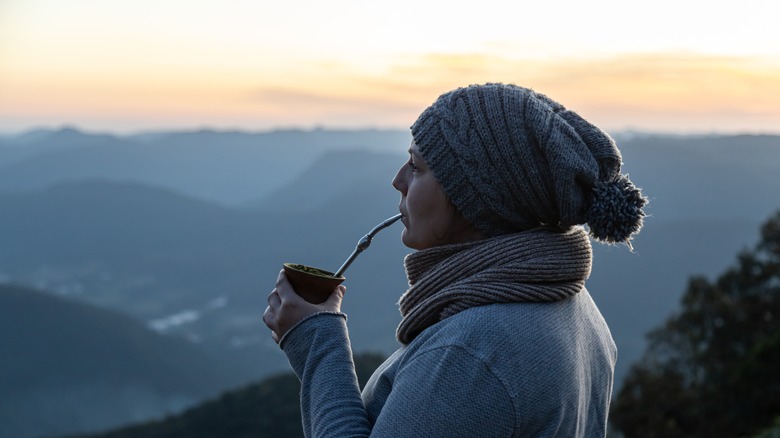 woman drinking mate tea in mountains of Brazil