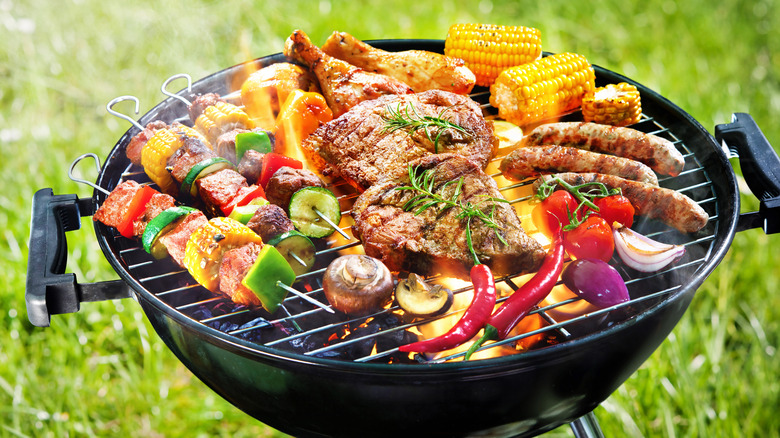 Meat and veggies on a grill