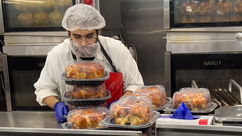 Hot rotisserie chickens at grocery store