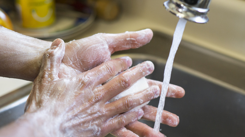 Washing hands with soap in sink