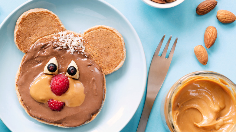 Teddy bear shaped pancake with peanut butter