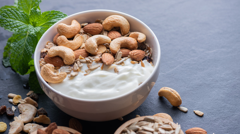 white bowl with yogurt and cashews