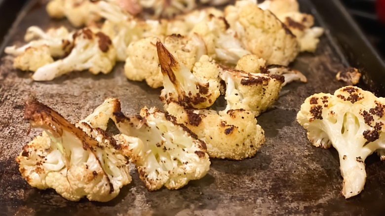 Roasted cauliflower on a baking pan