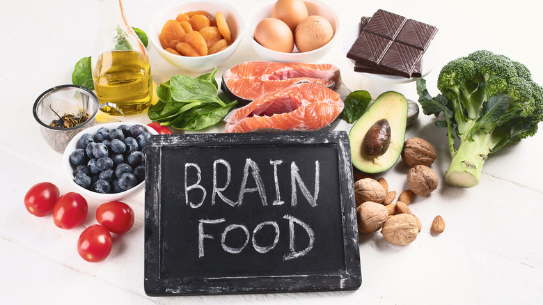 healthy foods next to brain food sign