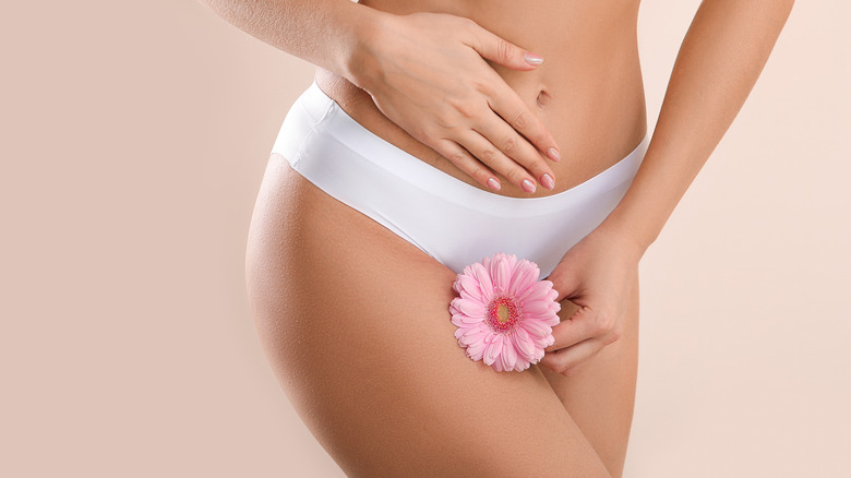 person in white panties holding pink flower