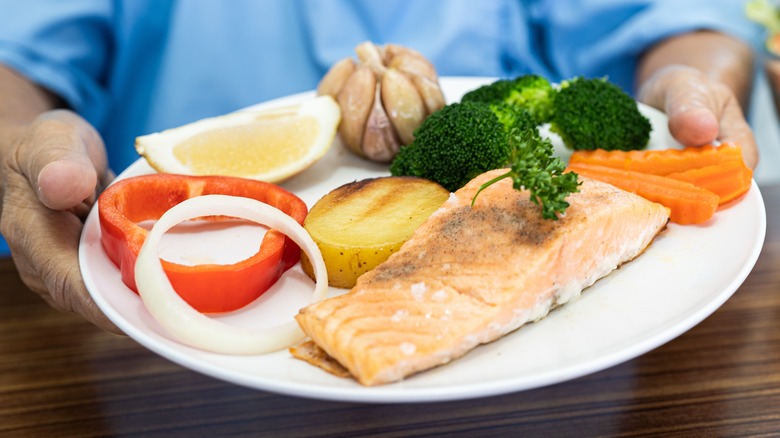 Hands holding plate of healthy food