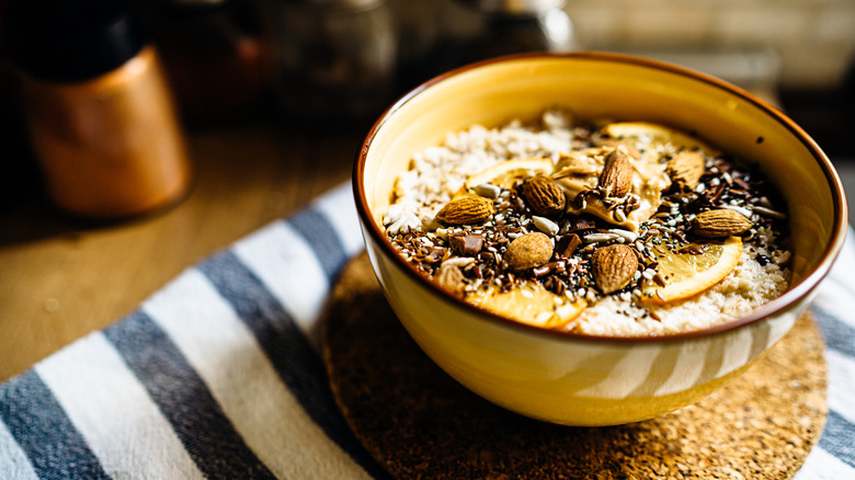 Oatmeal with seeds like flax and chia seeds on top