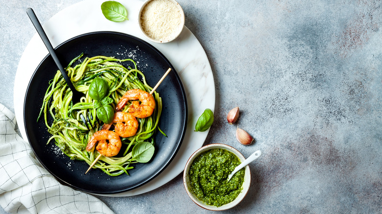 Bowl of zucchini noodles and shrimp