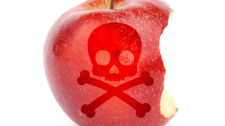 Bitten poison apple with skull and crossbones image on white background