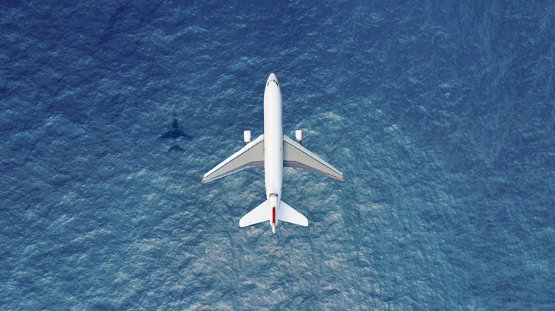 overhead view of airplane over water