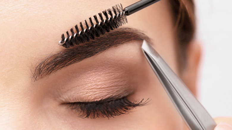 Shape correcting eyebrows with tweezers and brush