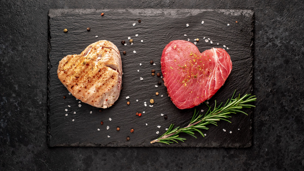 Raw tuna and grilled tuna steak in shapes of a heart