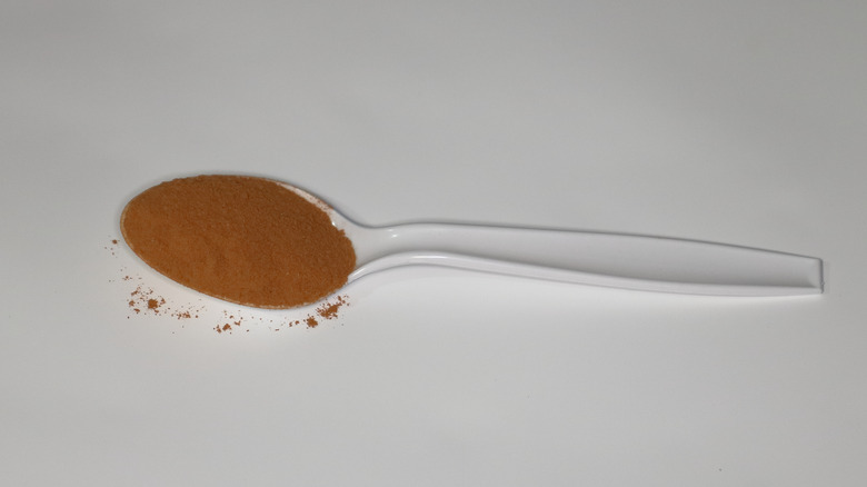 A plastic spoon filled with cinnamon