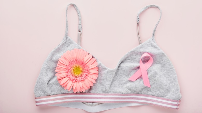 a bra outfitted with the breast cancer ribbon