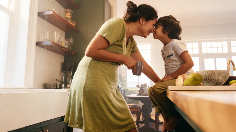 mother and son in kitchen