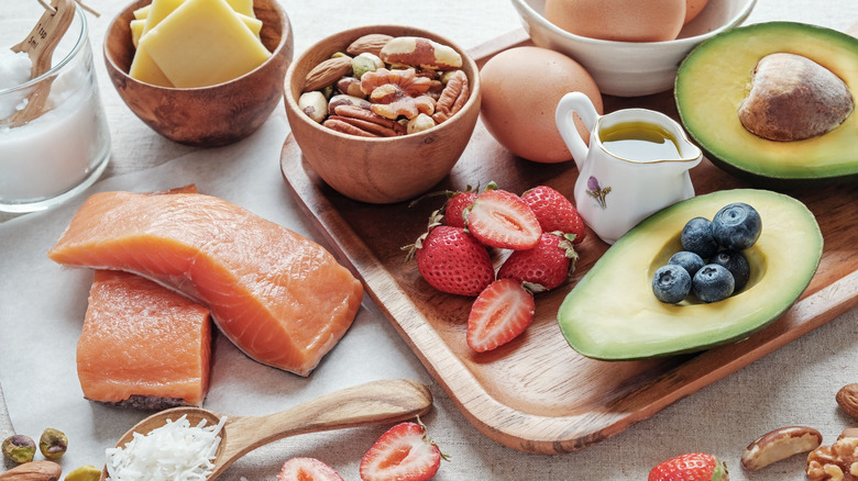 salmon, avocado, nuts, berries, eggs, and cheese