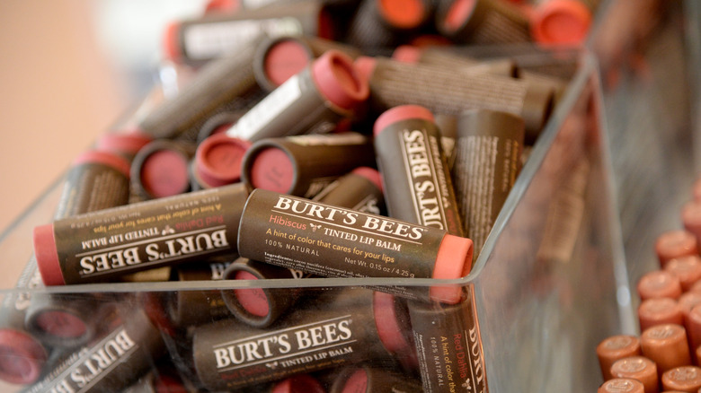 a clear pot filled with Burt's Bees lip balms 