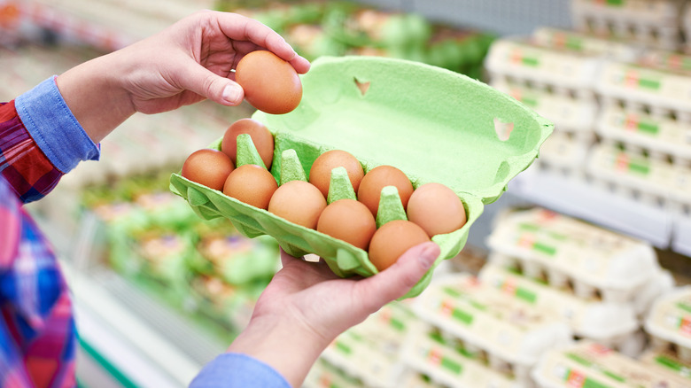 Hand inspecting carton of eggs