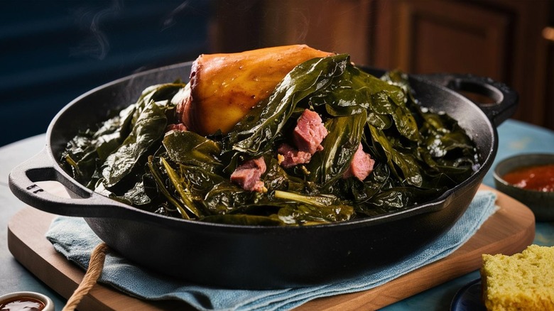 A bowl of cooked collard greens with ham