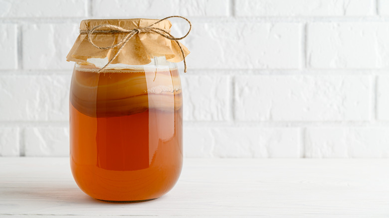 Homemade kombucha tea in a glass jar