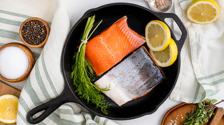 Salmon in a frying pan