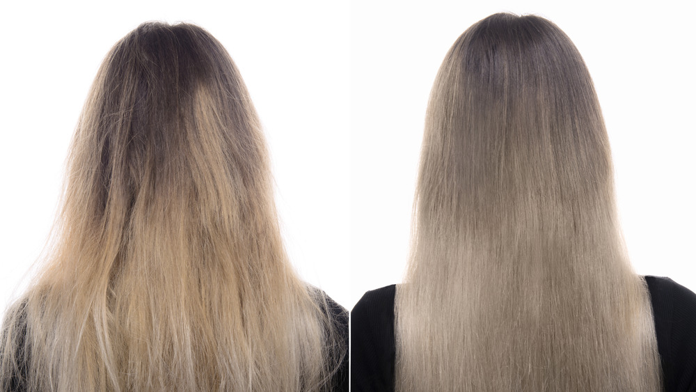 Back of woman's head before and after hair straightening treatment