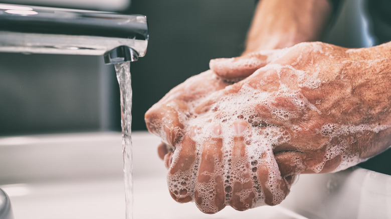 person washing hands in sink