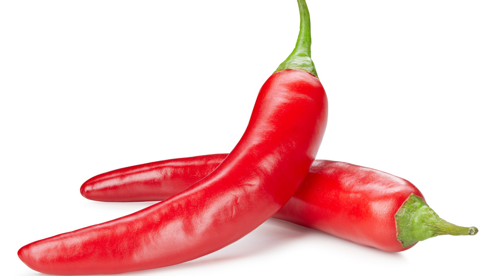 two red chili peppers with white background