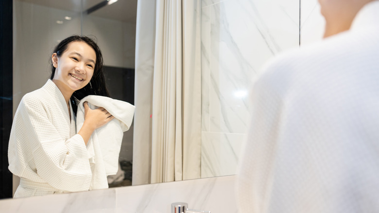 woman showering