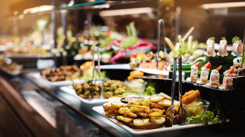 food displayed on a buffet 
