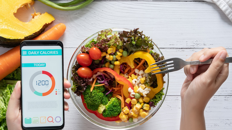 Calorie counter over bowl of food