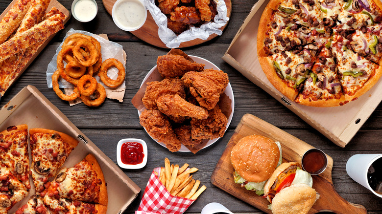 Junk food spread out on table