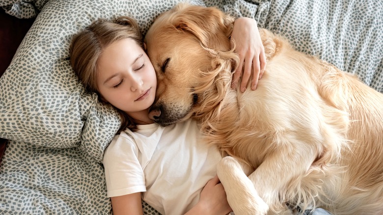 Little girl sleeping in bed with dog