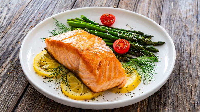 salmon and asparagus on a plate