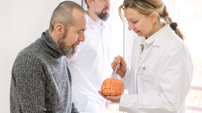 Doctor shows patient brain model