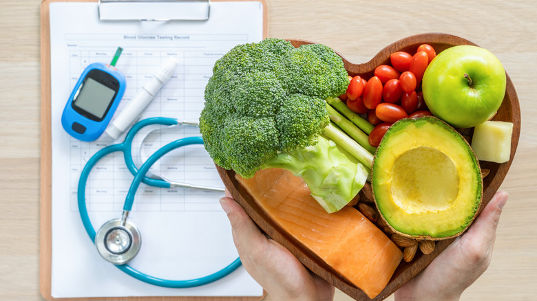 Plate of food, diabetes testing equipment