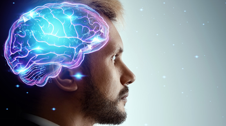 close-up of a man with a hologram of a brain