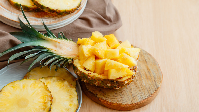 Chopped up pineapple on a table