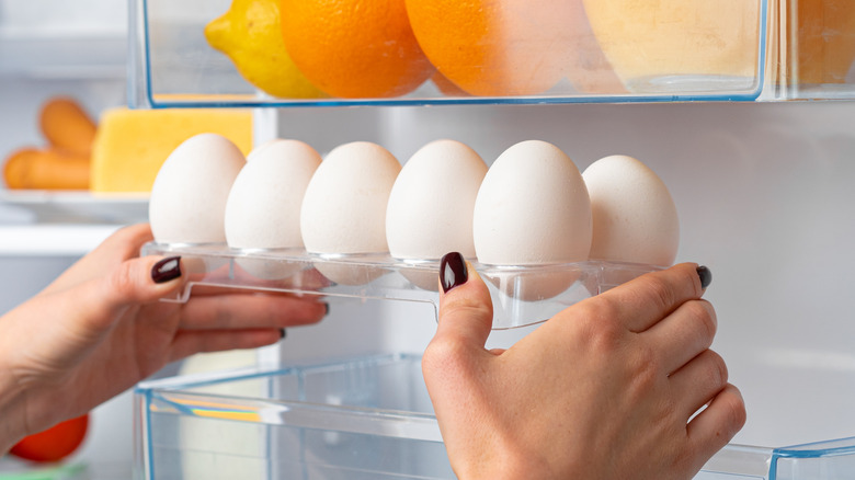 female hands placing eggs in fridge 